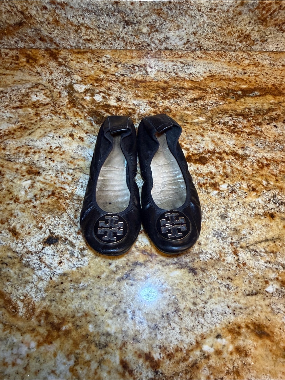 Tory Burch Black Leather Logo Ballet Flats
